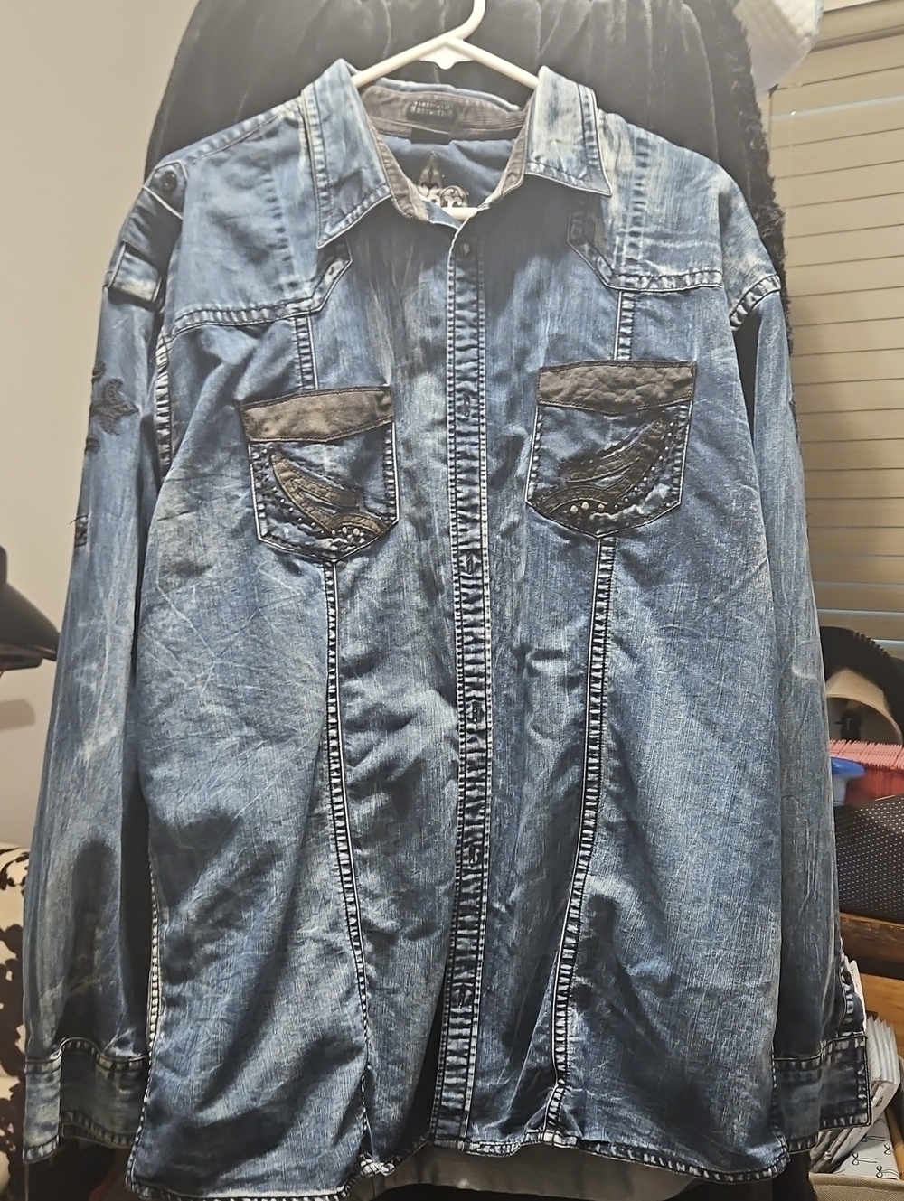Affliction Distressed Blue Denim Shirt Jacket with Embellished Pockets
